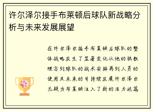 许尔泽尔接手布莱顿后球队新战略分析与未来发展展望 许尔泽尔接手布莱顿后球队新战略分析与未来发展展望